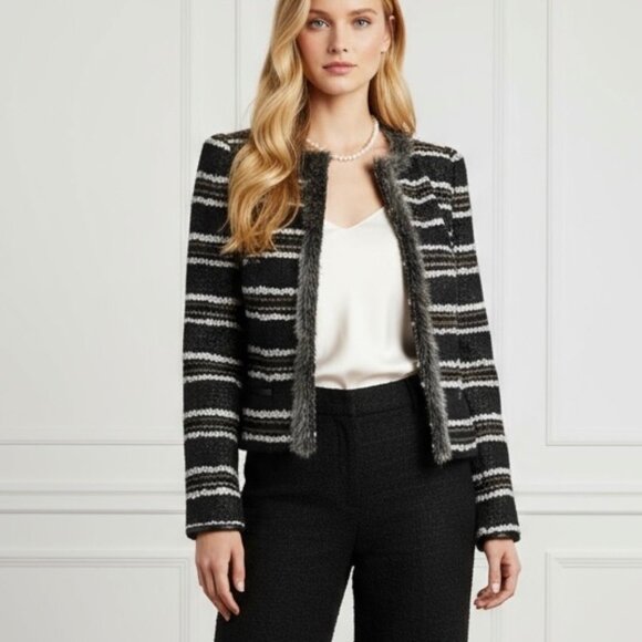 NWT Stella & Jamie Fur Trim Tweed Blazer Sz L Black White Striped Career Office - Picture 15 of 15